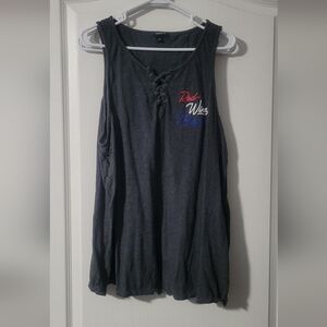 Torrid Black Lace-Up Tank Top with Red and Blue Accents